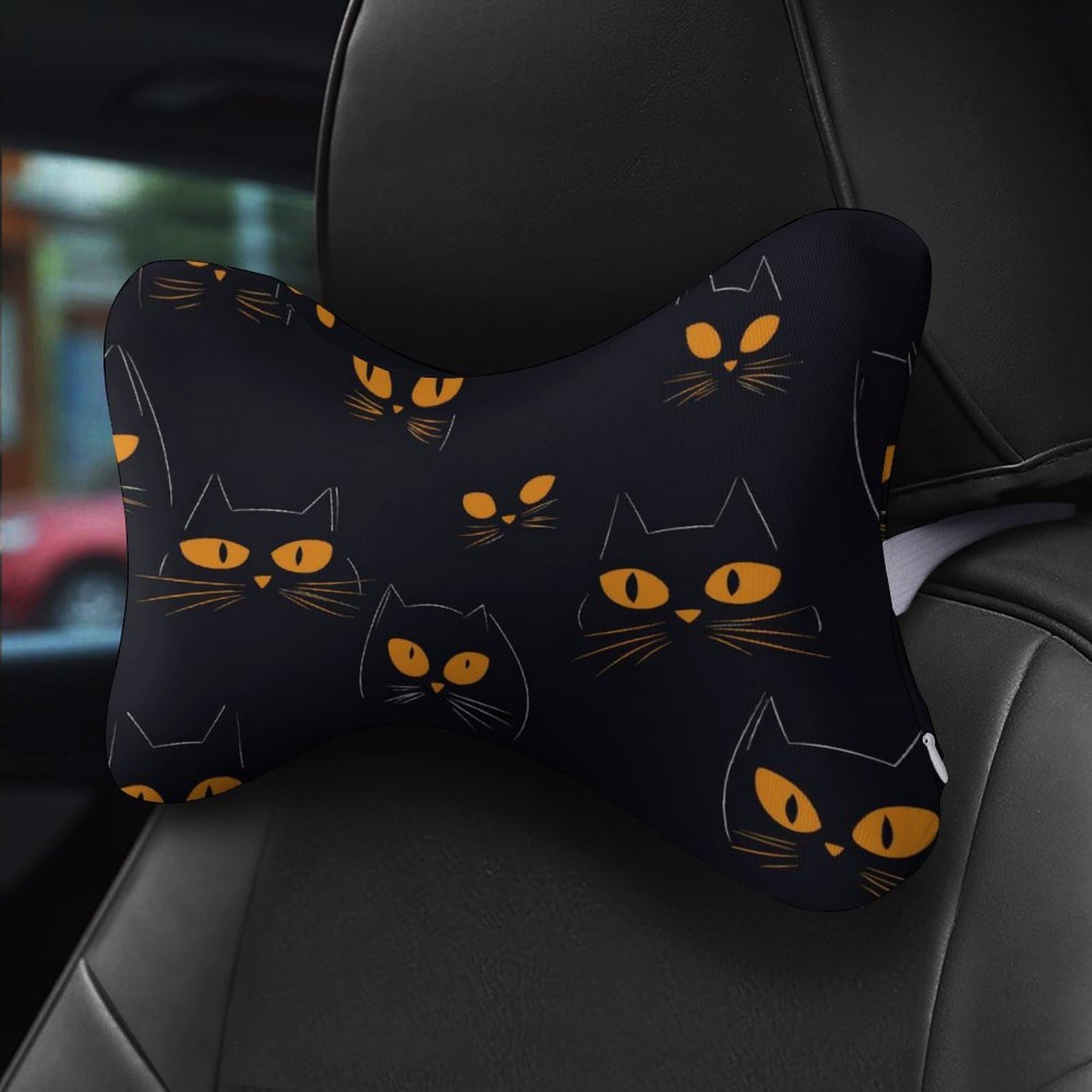 SMAZDFXX Halloween Black Cat Car Neck Pillow Set of 2 Car Seat Head Support Cushion Bone Pillows with Elastic Strap