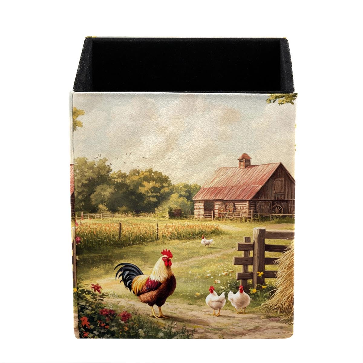HEOEH Rooster Chicken Farm Pen Holder Pen Pot, Square Pencil Cup for Desk