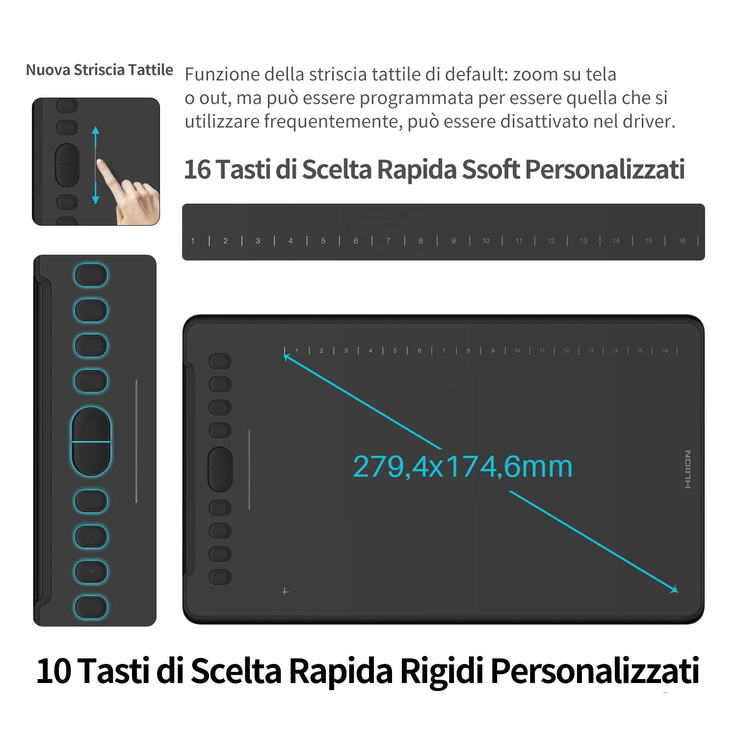 HUION Inspiroy H1161 Tavoletta Grafica con Touch Strip, 26 Tasti | 11 x 6,87 Pollici, Inclinazione ±60°, 8192 Livelli, con Android/Mac/Win, Ideale per il Disegno e la Progettazione Digitale