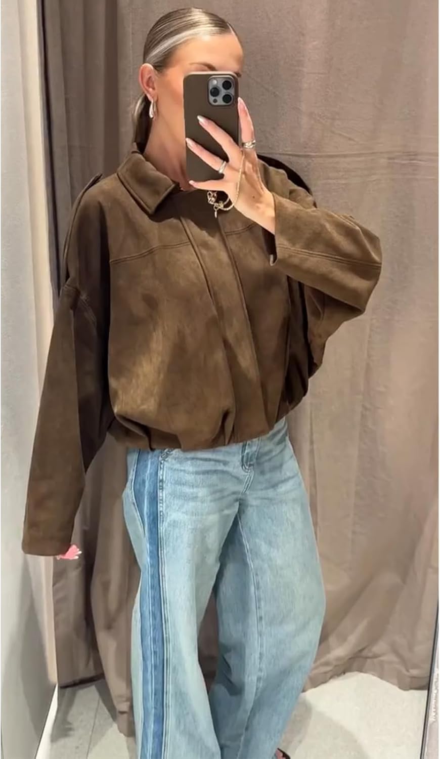 Women's Faux Suede Bomber Jacket Oversized Pilot Coats Fall Lapel Zip Up Motorcycle Streetwear Outerwear - Image 3