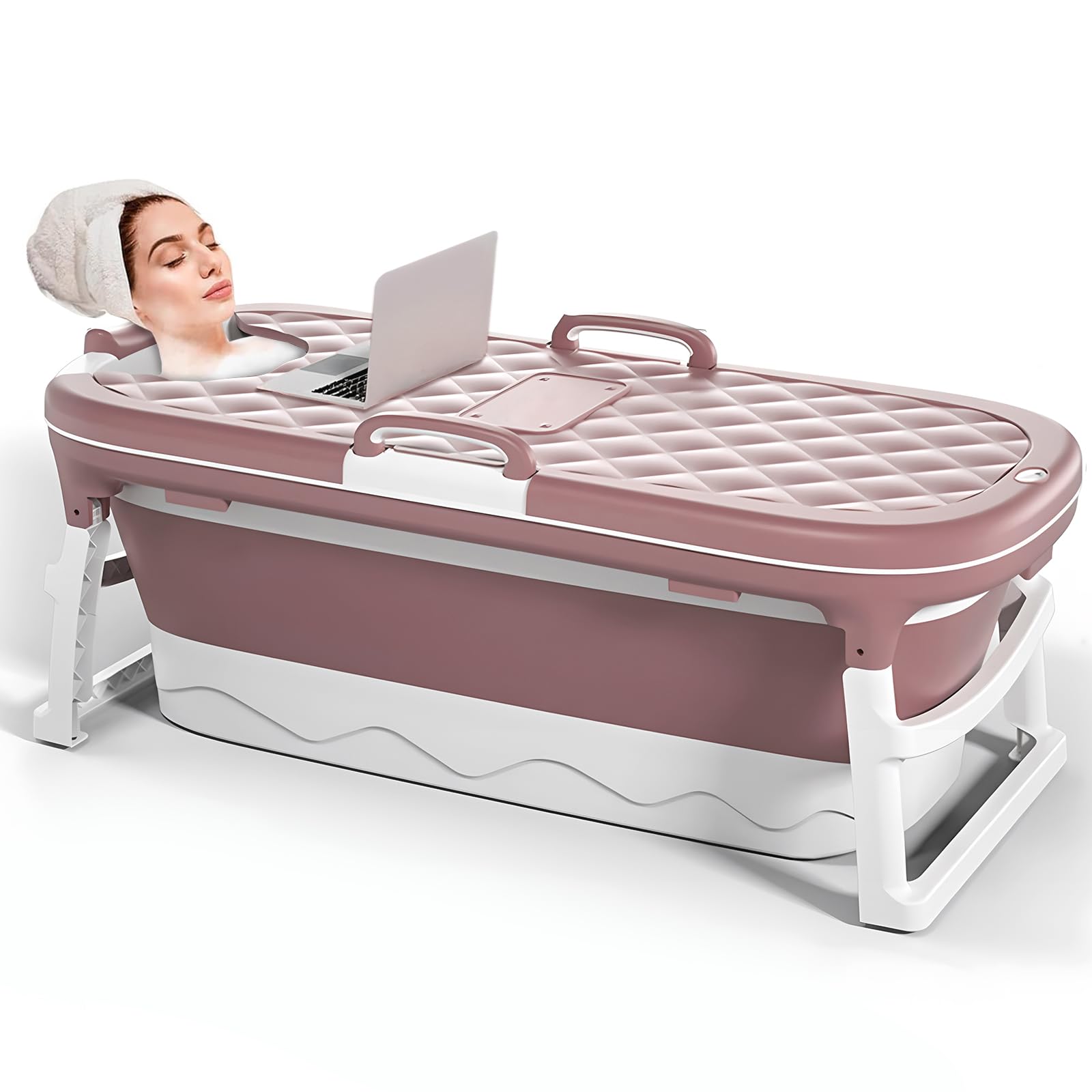 Warmiehomy Baignoire portable pour adulte, 138 x 62 x 52 cm, grande baignoire pliable, baignoire épaisse sur pied, baignoire de massage à la vapeur avec couvercle, baignoire de sauna à la maison pour