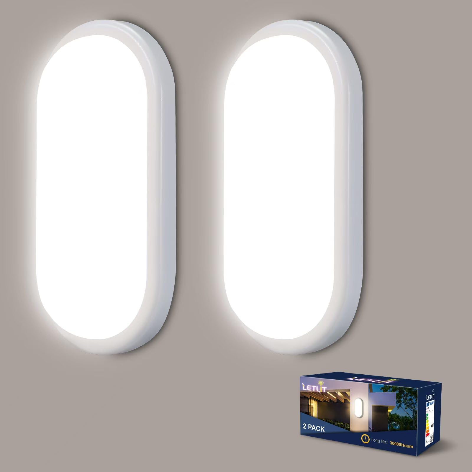 Letlit 18W LED Wall Light Outside 2 Pack, IP65 Bathroom Bulkhead Light, LED Ceiling Light