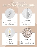 Vista 3 de Lámpara colgante bohemia enchufable con pantalla de macramé, lámpara colgante con cable de enchufe, interruptor de encendido/apagado, lámparas