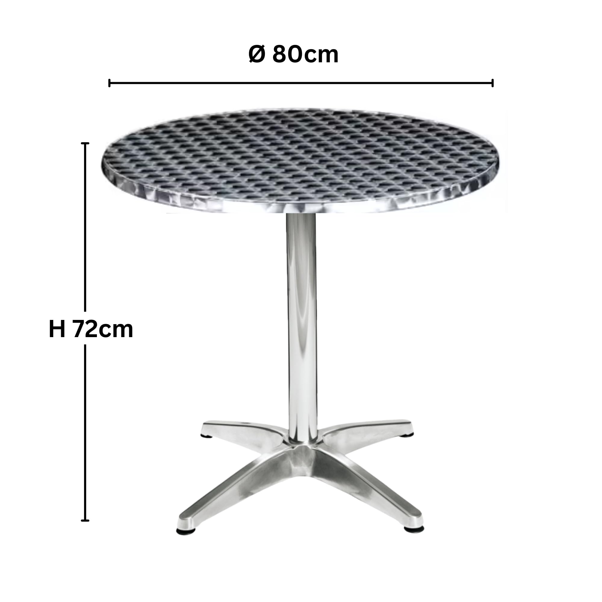 Hochwertiger Bistrotisch aus Aluminium, Runder Aluminiumtisch Wetterfest für Garten, Balkon und Terrassen – Ø 80cm x H72cm / Pflegeleichter Gartentisch mit Standfüßen – Silber glänzend Tischplatte