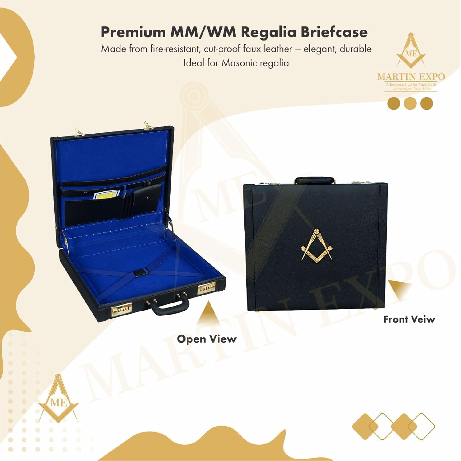 Masonic Regalia MM/WM Apron Hard Briefcase, Square Compass Emblem – Freemason Bags & Cases Size (15.5" 17.5" 3") Inches