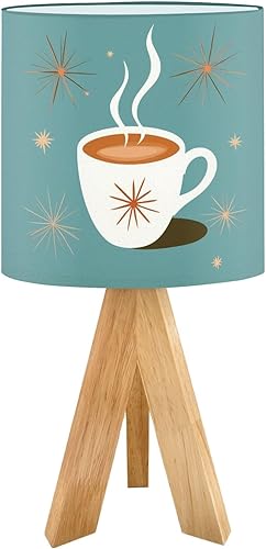 Tripod Table Lamp Mid Century Modern Retro Green Coffee Cup Cafe Sign Art Scandinavian Bedside Lamps Small Lamp Nightstand Lamp with Linen Lampshade