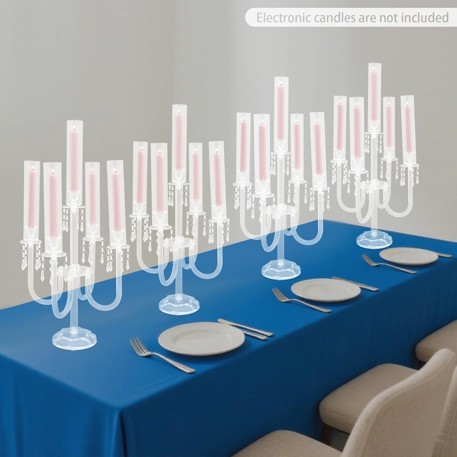4 Pcs Acrylic Candelabra Centerpieces with Crystal Beaded, 5 Arm Clear Crystal Candlesticks Holder for Wedding, Candelabra Centerpiece Stands with Removable Lampshade for Party