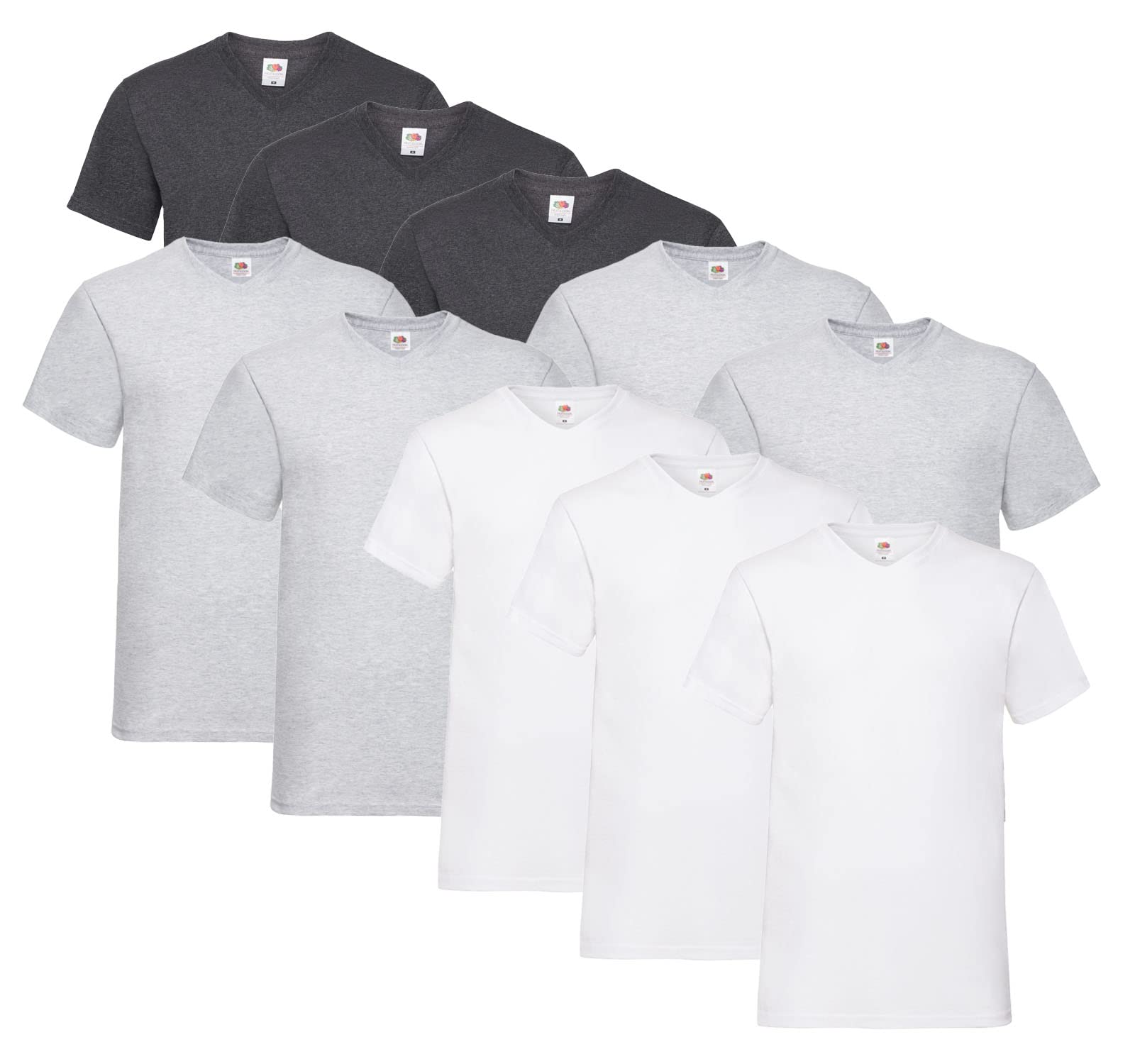 Fruit of the Loom Herren V-Neck Valueweight T-Shirt (10er Pack) (3XL, 4X Grau, 3X Weiss, 3X Dark Heather + 1 HLKauf Block)