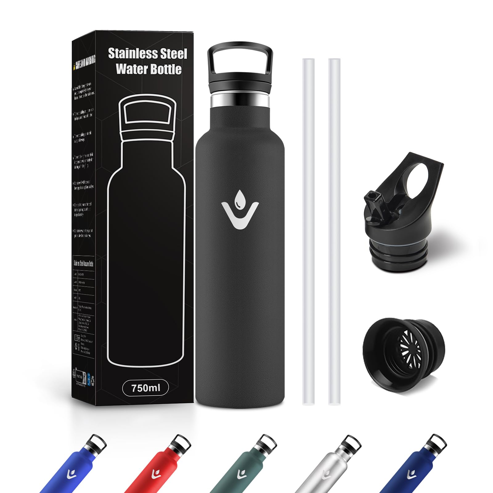 JAPORIA Borraccia Termica 750ml, Bottiglia con Cannuccia, senza BPA, Riutilizzabile, a Prova di Perdite, per Viaggio, Campeggio, Scuola, Gimnasio