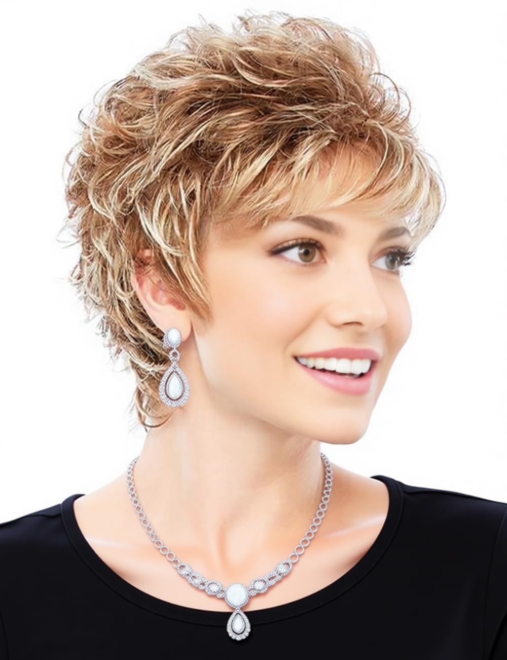 TISHINING Short Mixed Blonde Pixie Cut Wigs for White Women Wavy Layered Blonde Mixed Auburn Shaggy Synthetic Hair Replacement Wig with Bangs