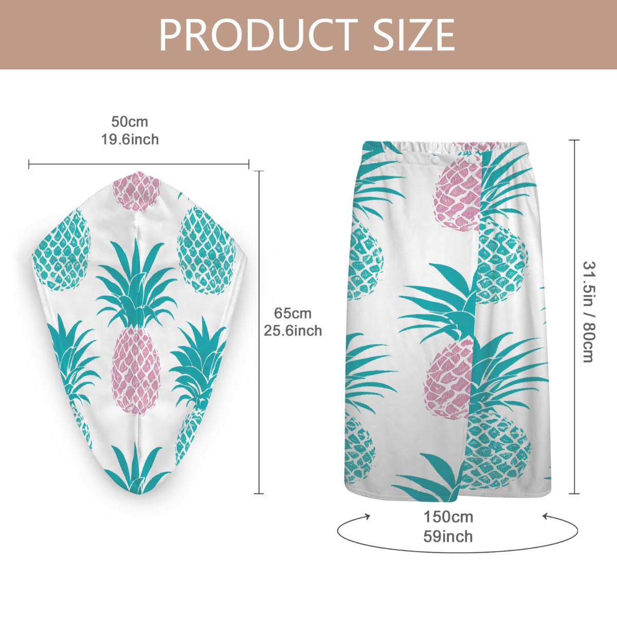 Lot de 2 serviettes de douche en microfibre pour femme avec serviette à cheveux, motif ananas coloré et bonnet de séchage des cheveux pour la plage, la piscine, le spa