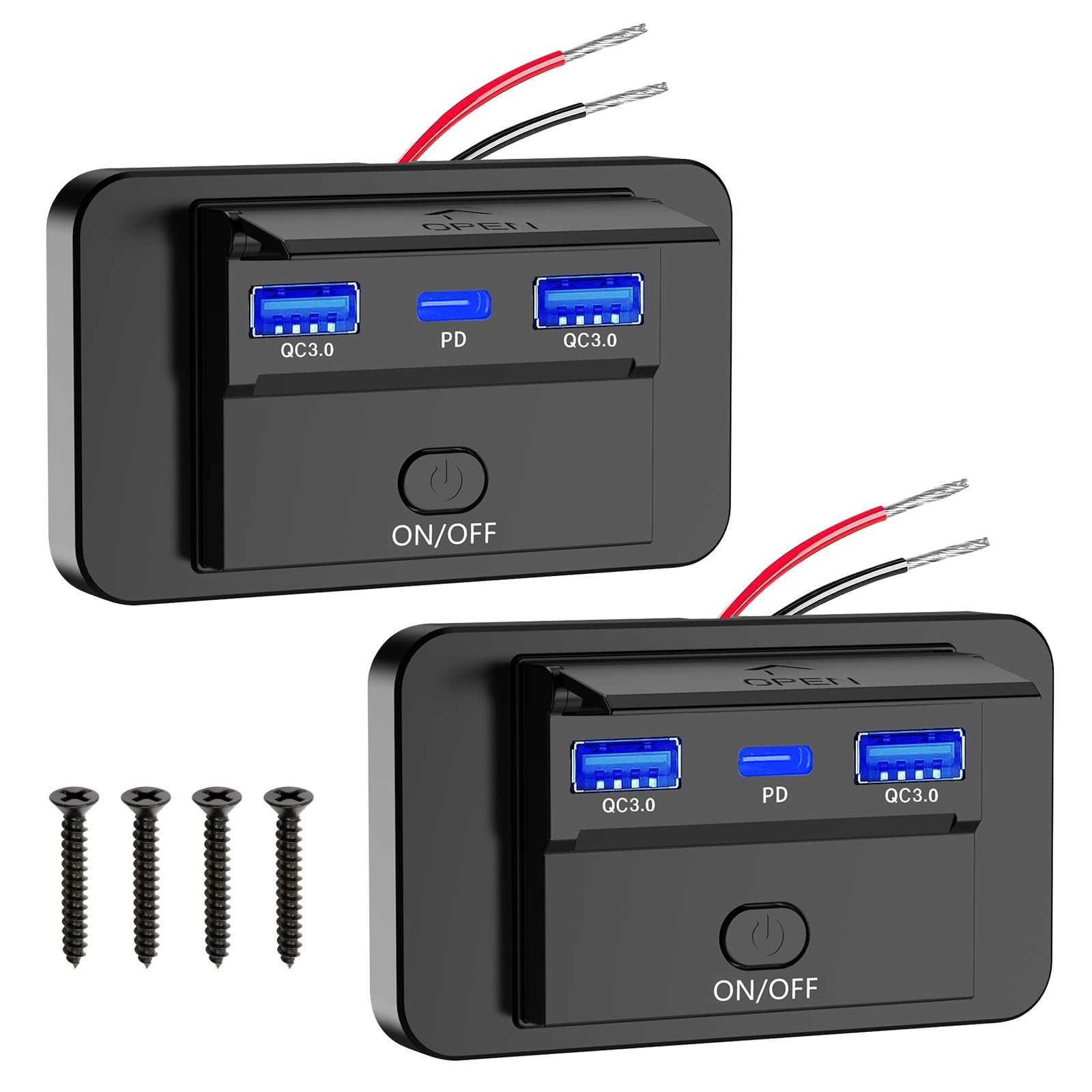 Linkstyle 2PCS Car Charger Panel, Dual 18W QC3.0 USB A & 30W PD USB C Ports Charging Outlet Panel with Button Switch for 12V/24V RV Boat Truck