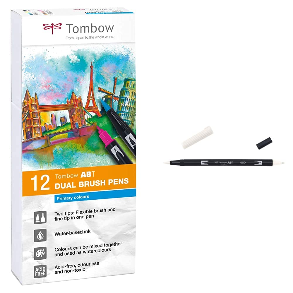 Tombow abt-12p-1 fiber pen dual brush pen con dos puntas juego de 12 colores primarios + Rotulador con doble punta, color incoloro
