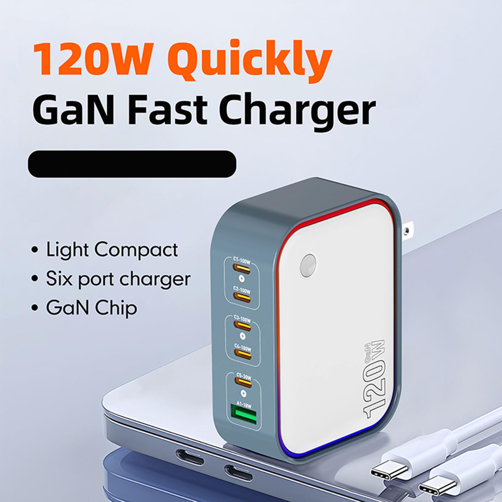 Stazione di Ricarica GaN a 6 Porte da 120 W, Hub Caricabatterie Rapido USB C Multifunzione con Caricatore da Viaggio per Smartphone, Laptop, Tablet (Spina europea)