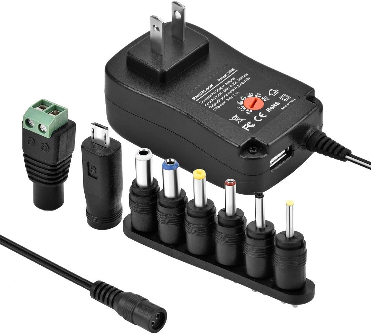 Universal AC DC Adapter Charger, CUGLB 30W 3V 4.5V 5V 6V 7.5V 9V 12V with 8 Selectable Adapter, Switching Power Supply for Household Electronics and LED Strip (2000mA Max)