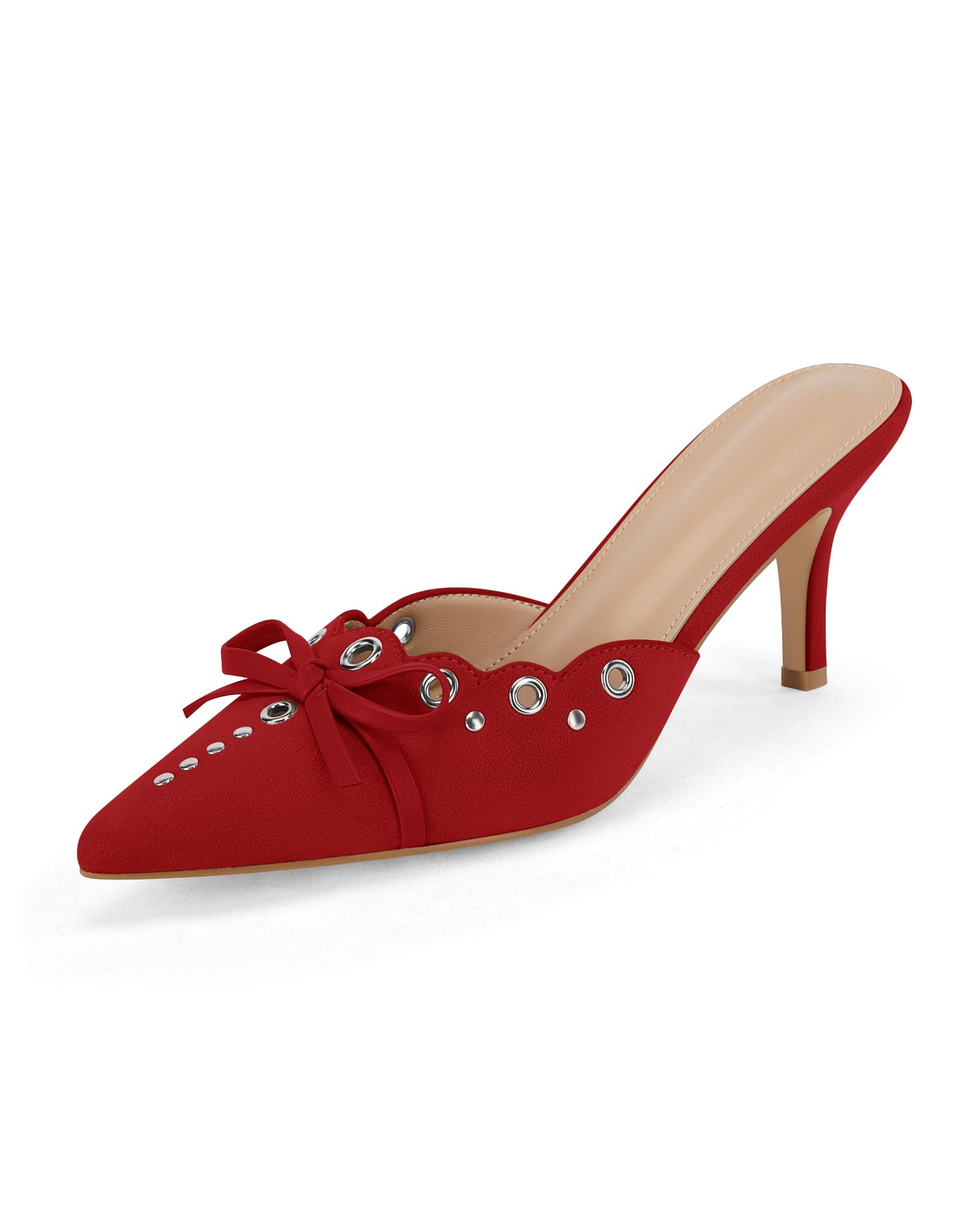 Coutgo Women's Bow Tie Mule Heels Pointed Toe Studded Backless Stilettos Slip On Dress Pump Shoes