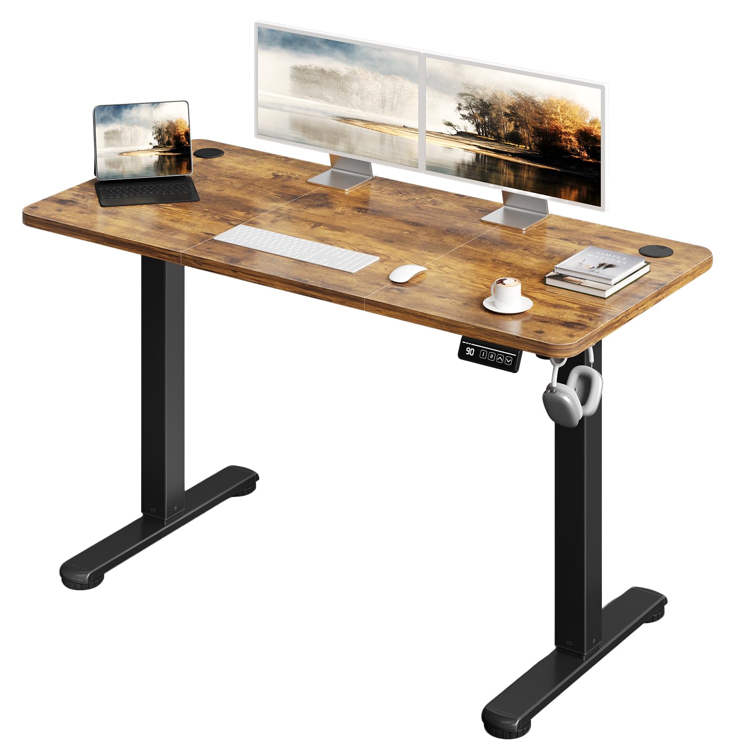 JUMMICO Standing Desk 130 x 60 cm Eletric Height Adjustable Desk with 2 Height Memory Position, Sit Stand desk with Smart Controller, Brown