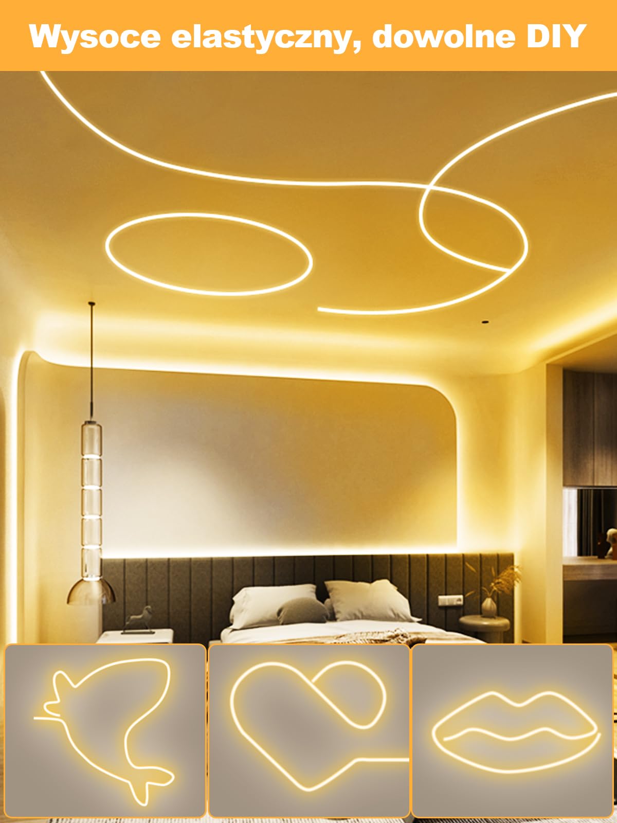 Neonowa taśma LED 10 m ze ściemniaczem, ciepła biel, 1200 diod LED, neonowa taśma świetlna LED, DIY, krawiectwo, elastyczna, z zasilaczem sieciowym 24 V, do kuchni, sypialni, oświetlenia