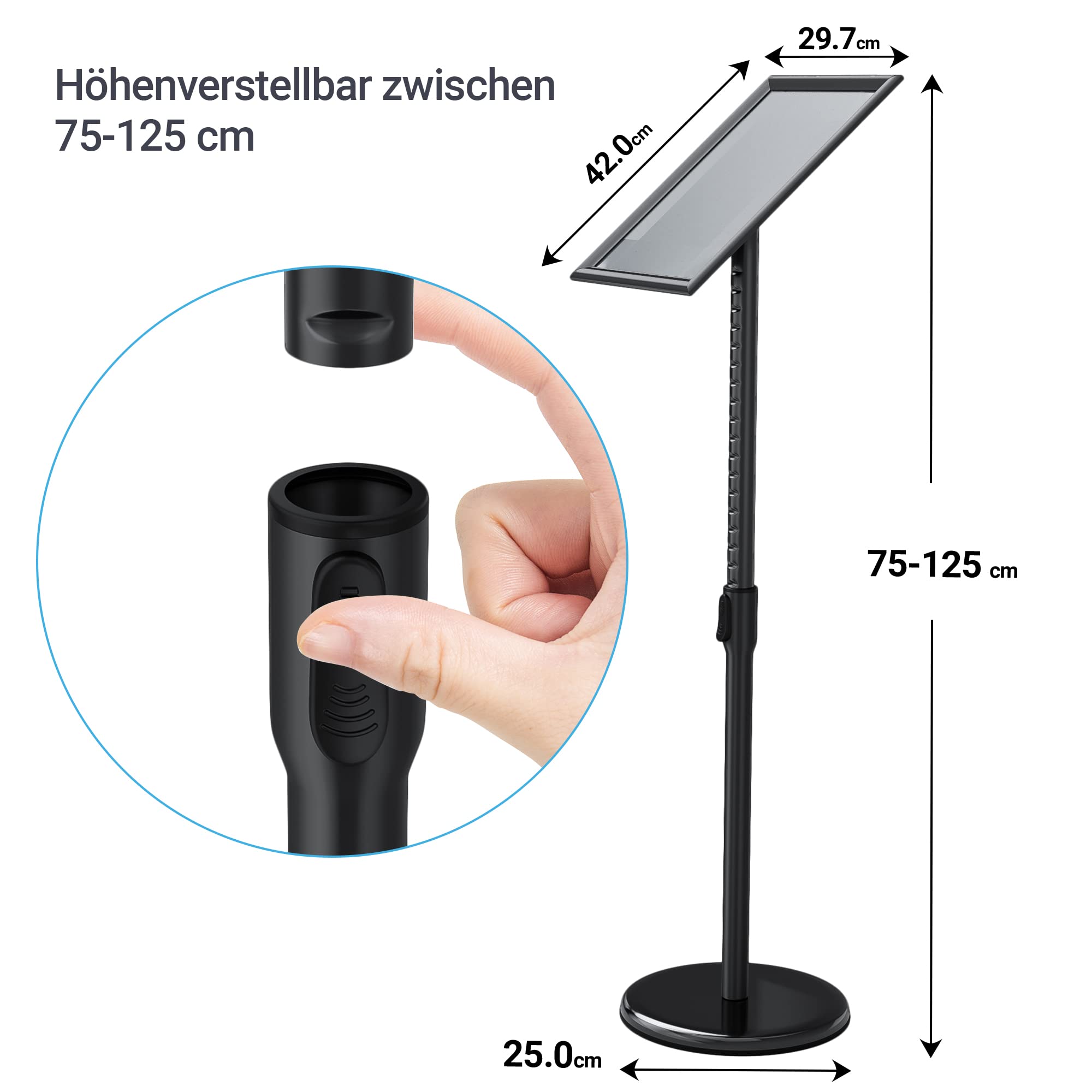 Support d'information DIN A3 - 420 x 297 mm - Réglable en hauteur - En acier inoxydable - Support d'information - Support de présentation - Support publicitaire (noir, A3)