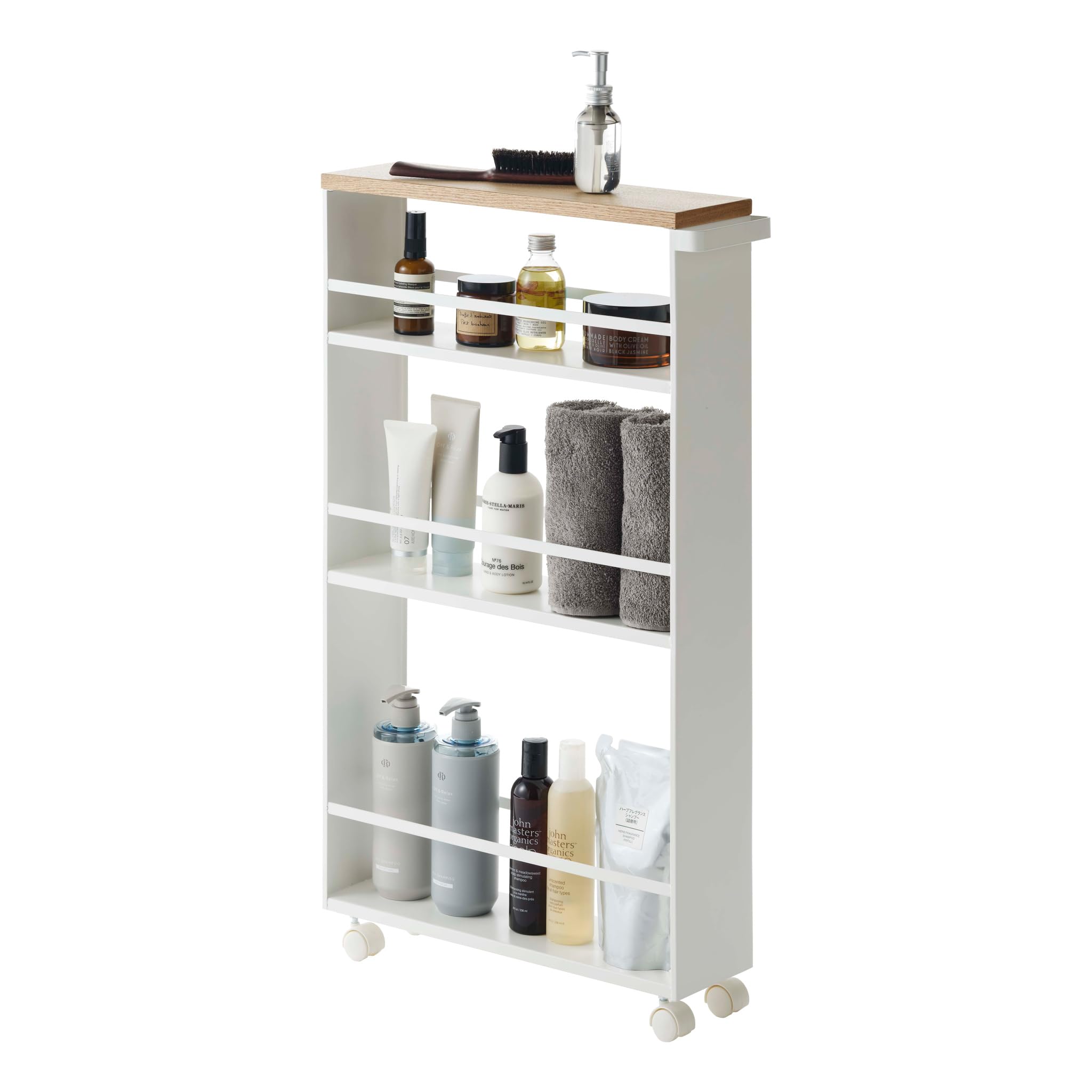 YAMAZAKI 3627 TOWER Slim Trolley with Grip, white, Steel/Wood, Minimalist, 13 x 47.5 x 80.5 cm
