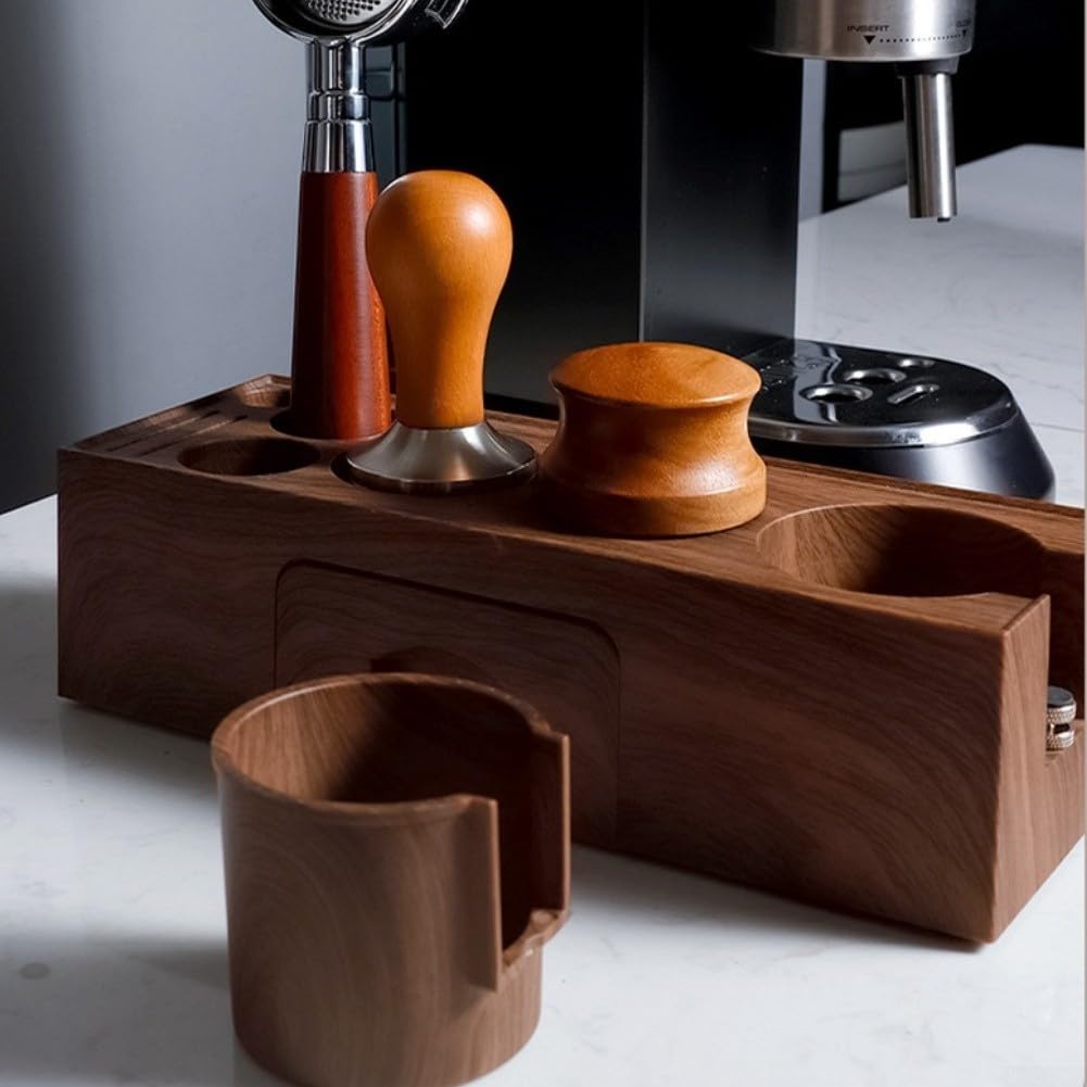 Soporte para café ABS con acabado de nogal con cajón extraíble, estación de apisonamiento espresso de 6 ranuras para el hogar para barista, soporte ajustable para portafiltro y accesorios