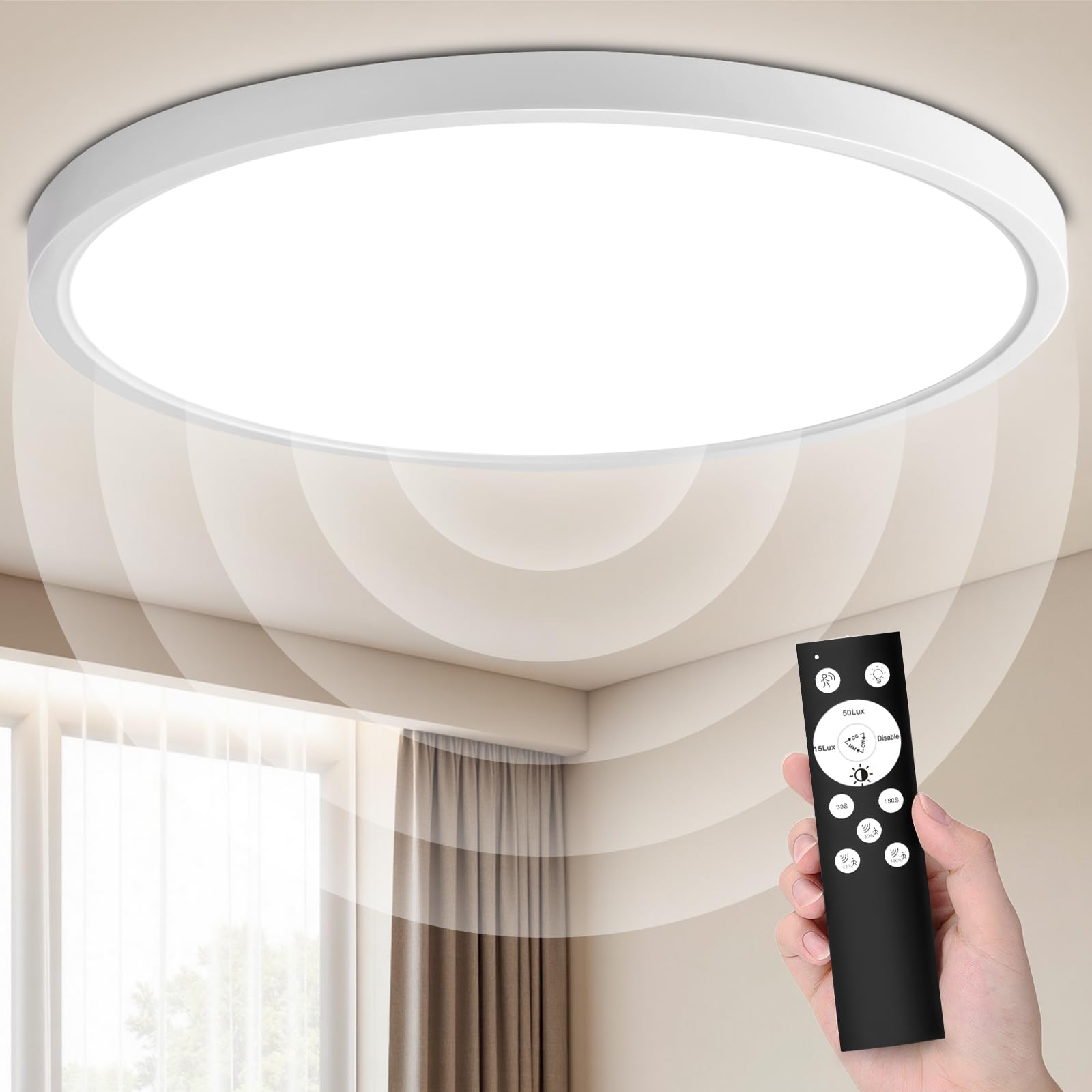 28W 2800LM LED-Plafondlamp met Motion en Schemersensor, 30cm 3 Kleuren 3000K/4000K/6000K Ronde Plafondlamp met Bewegingsmelder, voor Trappen, Veranda's, Garages