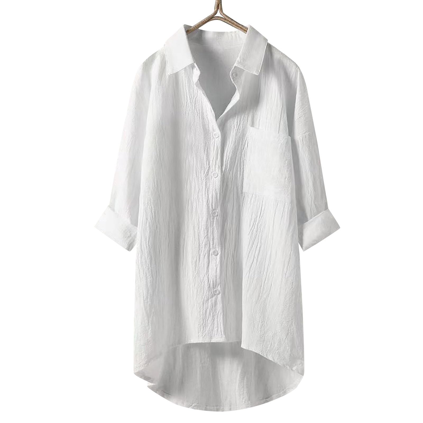 Générique Chemise Femme Manches Longues Anti UV, Chemise De Plage en Lin Femme, Chemisier Revers Haut avec Bouton Top Large Confortable Chemisier Couleur Unie Blouse Grande Taille Chemises Été S-3Xl