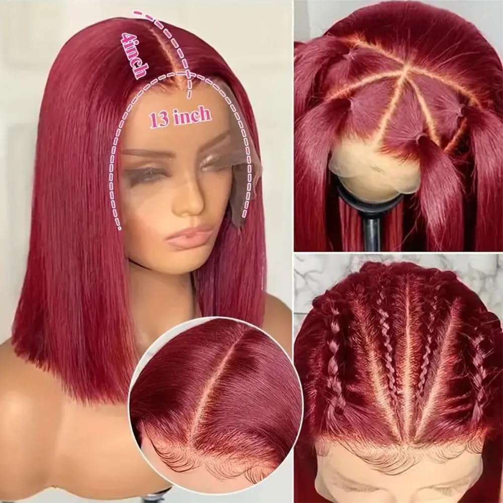 99j Burgundy Bob Wig Human Hair 13x4 HD Lace Front Human Hair Wigs For Black Women Glueless Lace Front Wigs Pre Plucked Pre Cut 180% Density Short Straight Bob Wig Middle Part 10 Inch - Image 2