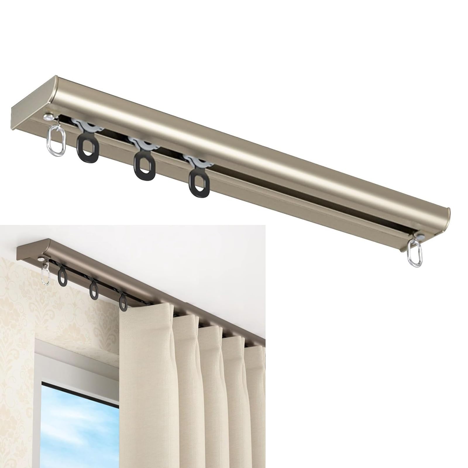Ceiling Curtain Track, Invisible Curtain Rod, Room Divider, Ceiling Track for Curtains, Room Divider Curtain Rod, Ceiling Rails Set with Silent Rollers, for Inward-opening Window (Color : Champagne,