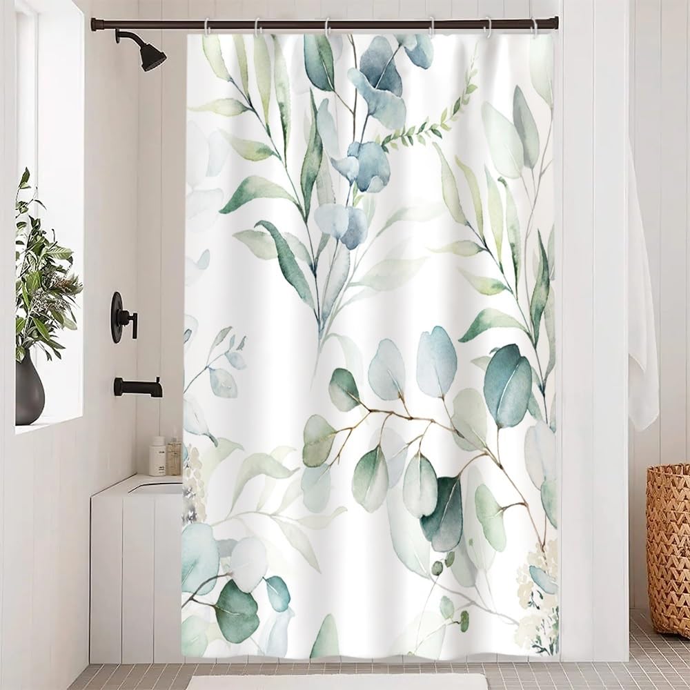 Uiiooazy Cortina de Ducha Eucalipto, Cortina de Ducha Hojas Verde Planta Motivo Cortina para Baño Anti Moho Impermeable Tela de Poliéster Lavado Cortina de Ducha para Bañera con Ganchos 120x180cm
