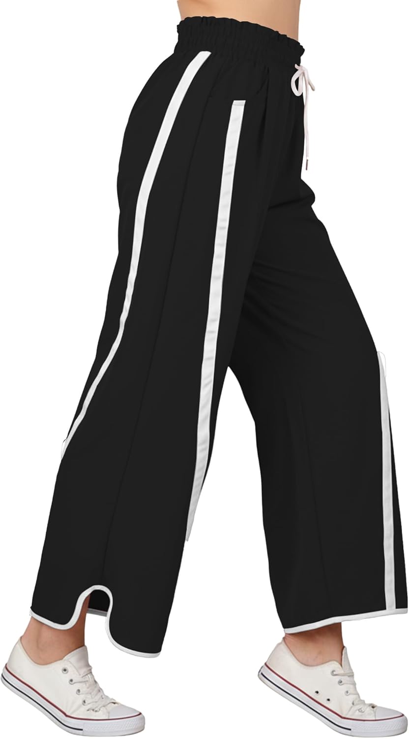 Enaisyl Women's High Waist Wide Leg Pants Striped Elastic Waist Track Pants Y2K Lightweight Baggy Streetwear with Pockets - Image 4