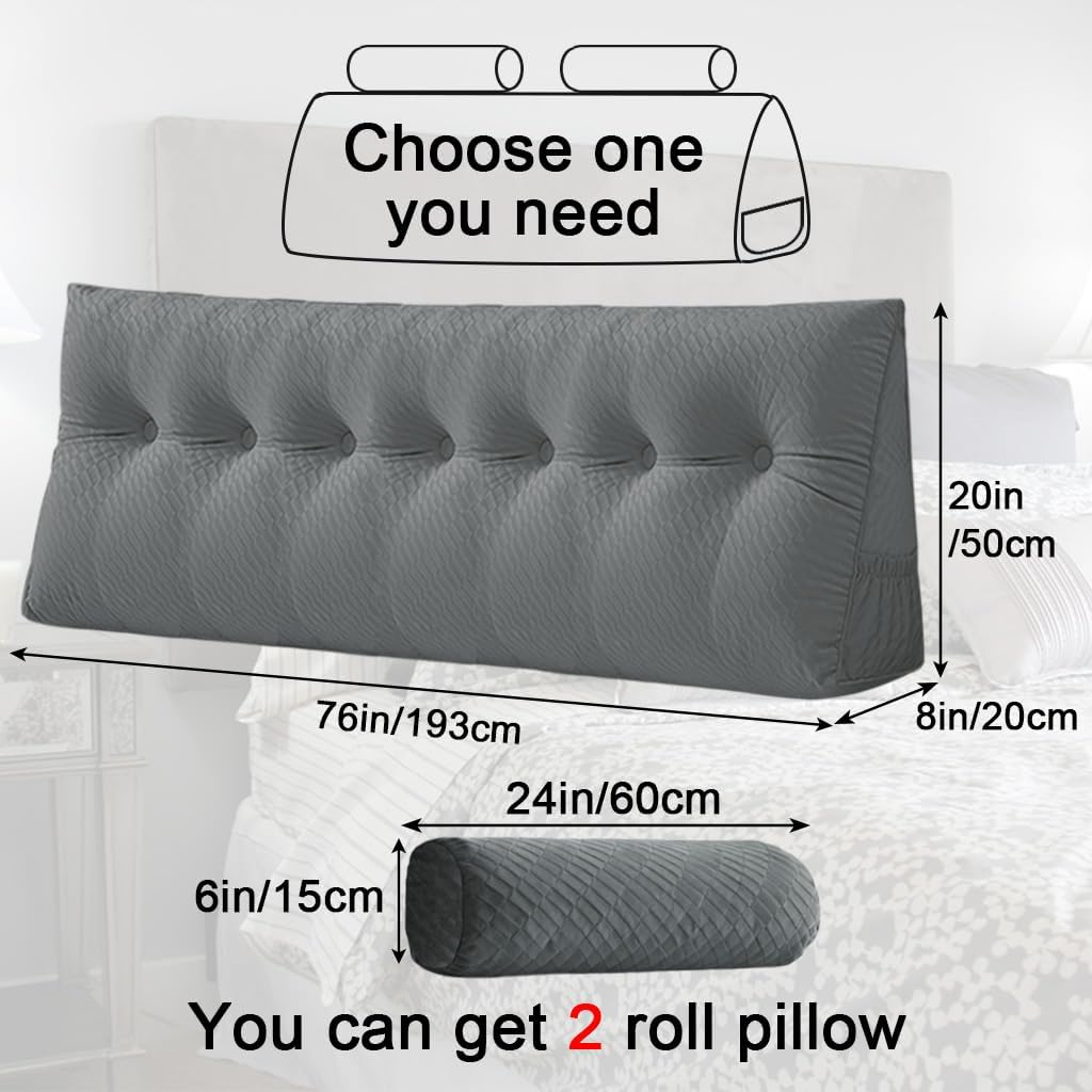 Velvet Triangular Headboard Wedge Pillow With Roll Pillow,Removable Cover Headboard Pillow Daybed Bunk Bed,Backrest Positioning Support Pillow Resting Reading Relaxing (Grey, King(76 * 20 * 8in))