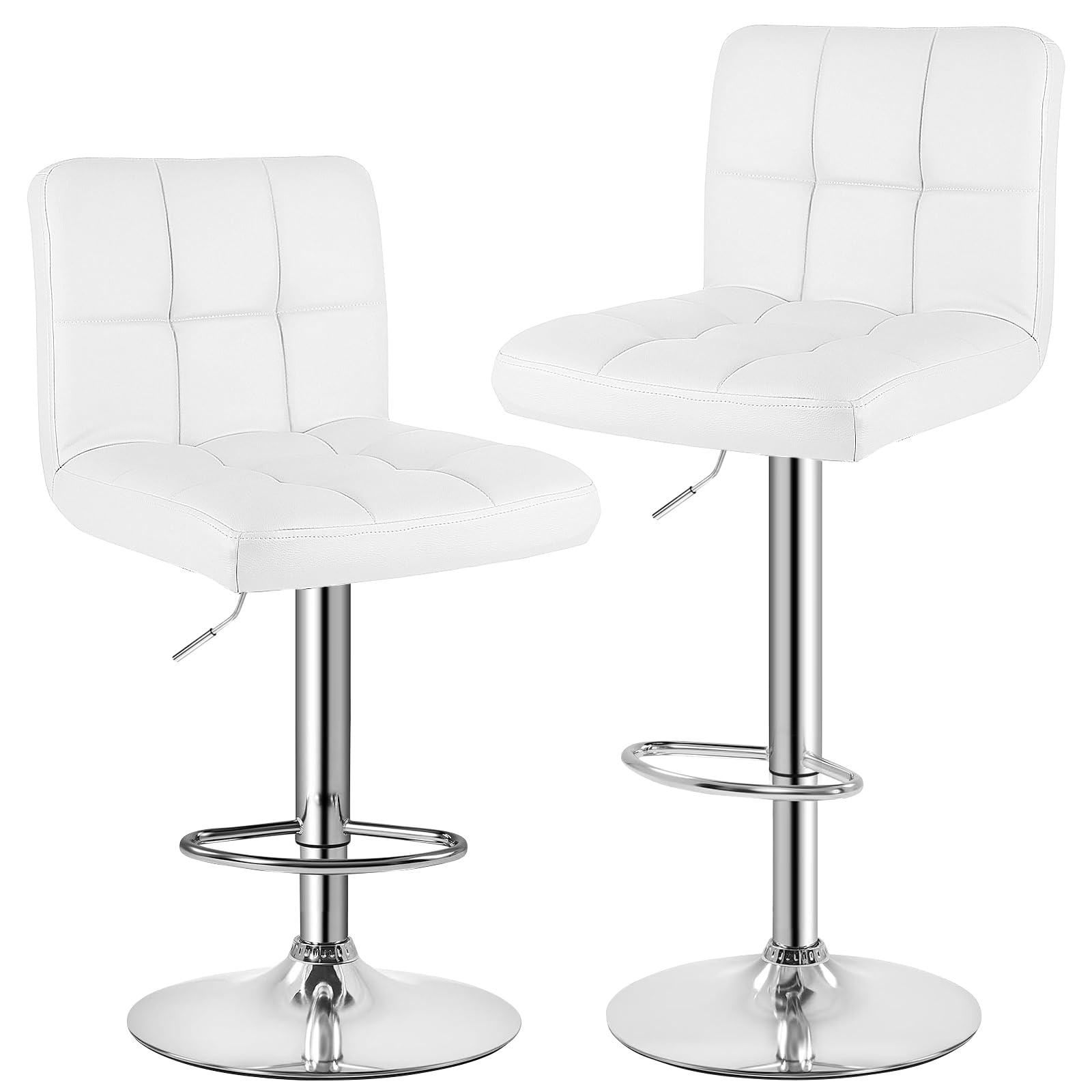 bigzzia Bar Stool Set of 2, Kitchen Stools, Synthetic Leather Height Adjustable Bar Chair with Backrest and Footrest, 360° Rotatable for Kitchen, Counter, Bar, White