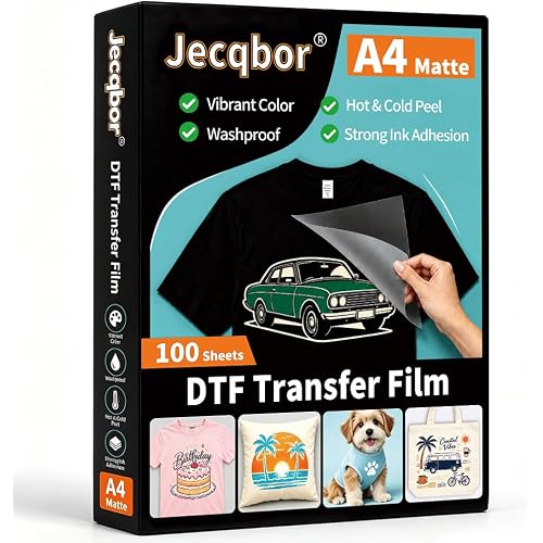 Jecqbor DTF Transfer Film Paper, 100 Sheets A4 Double-Sided Matte PET Transfer Paper for DTF Inkjet Printer, High Ink Adhesion DTF Film for Light & Dark Fabrics, T-Shirts, Hoodies, Bags & DIY