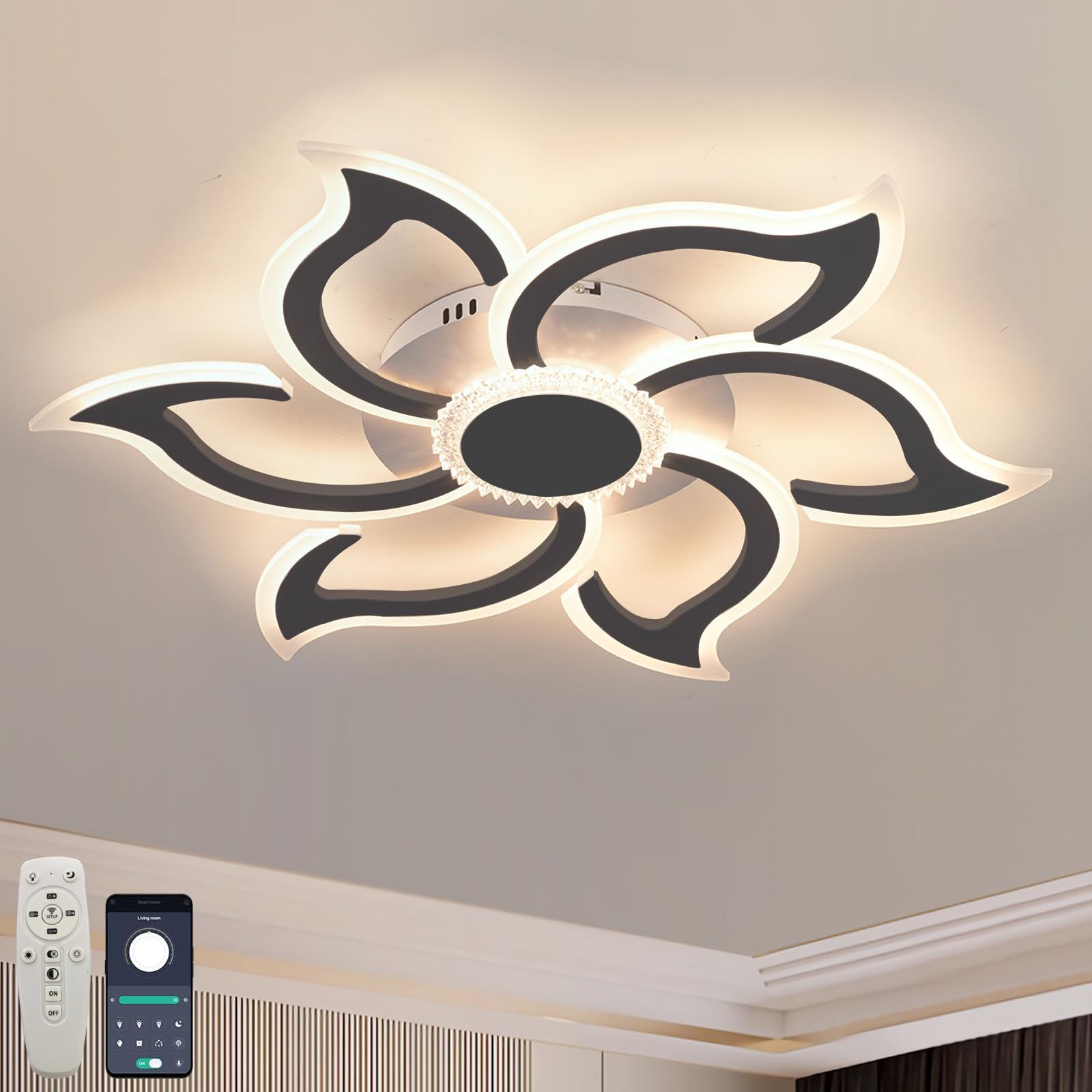 Modern Ceiling Lamp with Remote Control Led Dimmable Lounge Bedroom Ceiling Lamp Memory No Strobe Eye Protection Ceiling Lamp Living Room Timing, Black 83CM