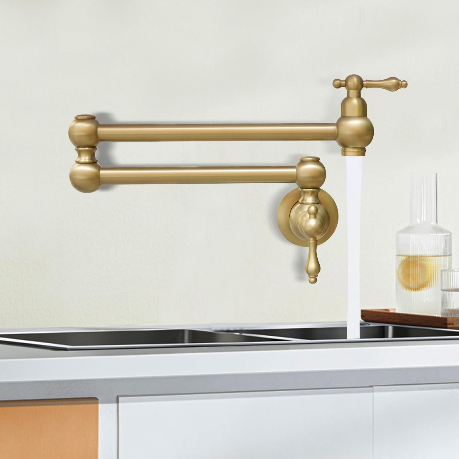 Grifo de fregadero de cocina Latón de un solo agujero dos manijas Pot Filler Grifo plegable (oro claro)