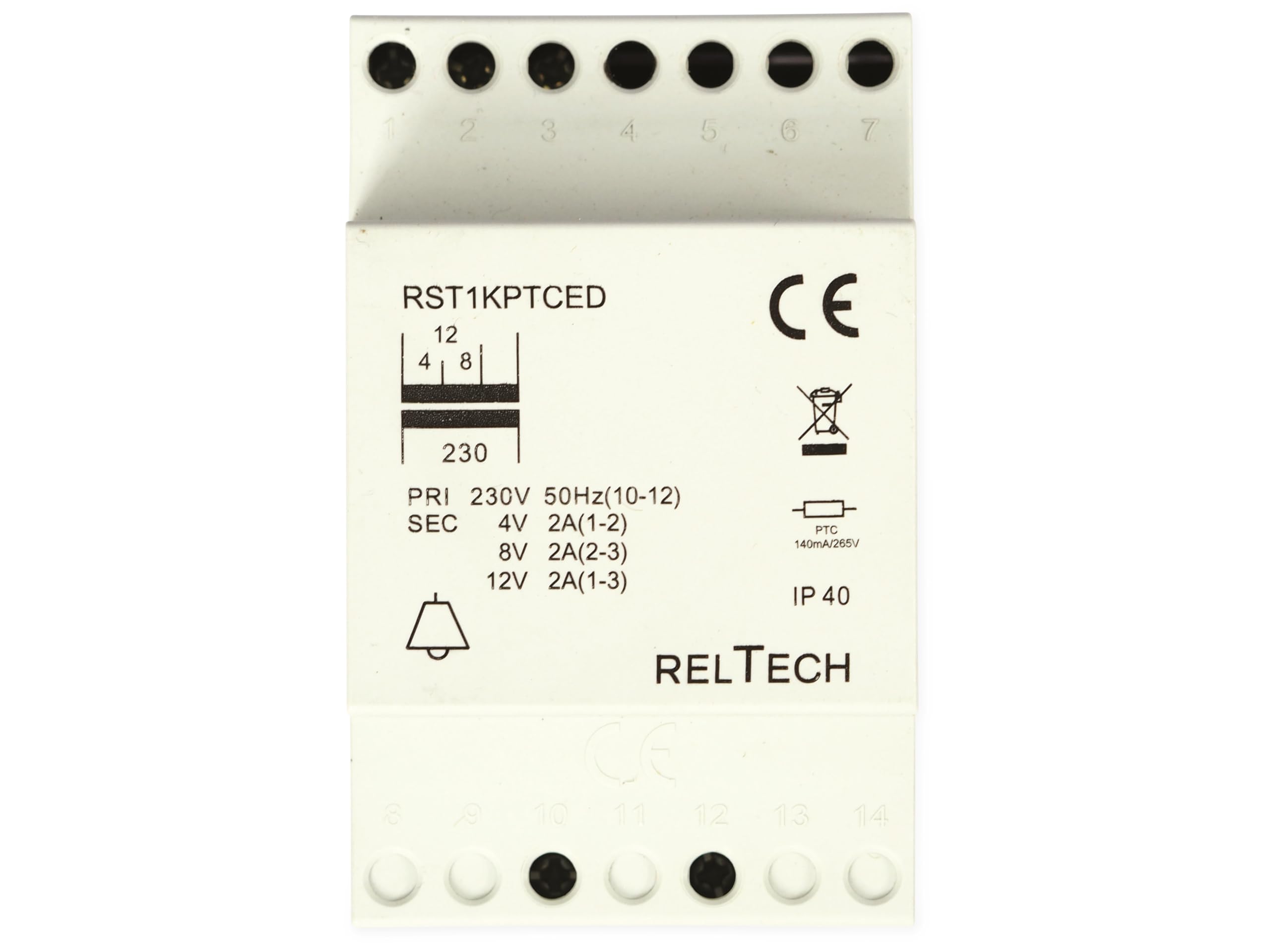 RELTECH Sicherheitstransformator RST1PTCED: Sicherheitstransformator mit 4-8-12V~/2A
