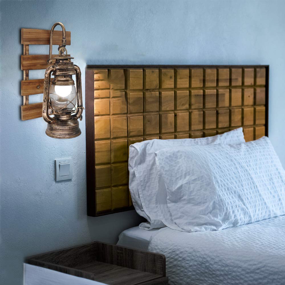 Lampada rustica a cherosene a parete, applique da parete con gancio E27 con base in legno, bar interno, bar, ristorante, corridoio, arredamento, applique