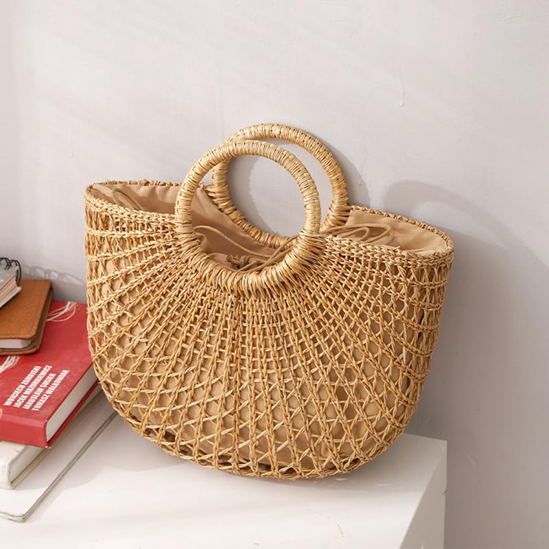 Borsa a Tracolla in Paglia Traforata, Fodera con Cordino Estivo da Spiaggia e Vacanza per Donna, Borsa in Paglia a Maglia per la Spiaggia
