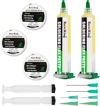 Kaisiking No Clean Soldering Flux Paste 10cc & Desoldering Wick Kit - Premium Rosin Solder Flux for Electronics Repair, 0.1" Braided Copper Wick for PCB, SMD & DIY Projects