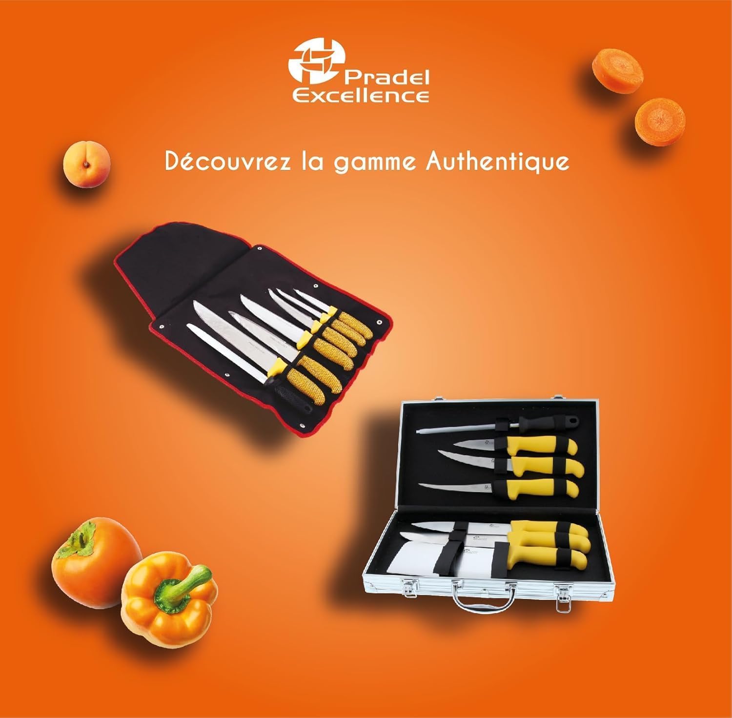 Pradel Excellence - PCOT005009 - Mallette Couteaux de Boucher 8 Pièces - Gamme Authentique - 5 Couteaux + 1 Couperet + 1 Fusil d’Affûtage - Lames Inox - Manches Polypropylène - Lave-Vaisselle
