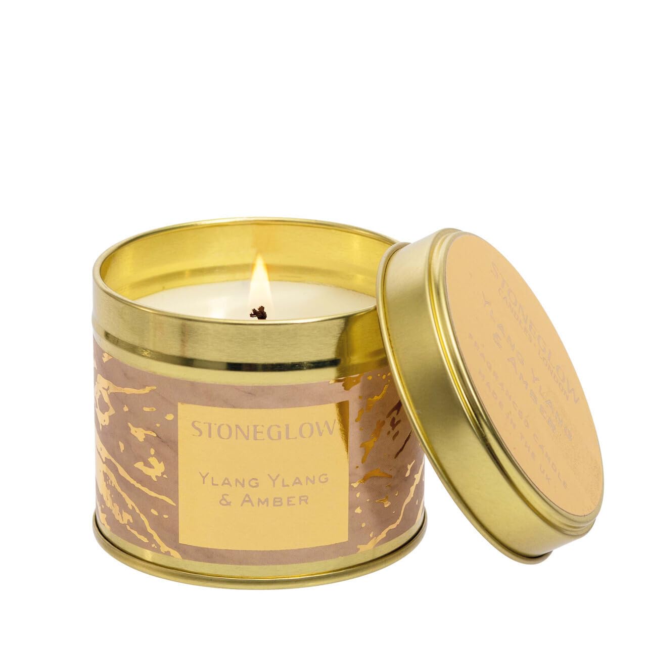 Stoneglow Luna Collection - Ylang Ylang & Amber - Scented Candle Tin of Ylang Ylang, Amber, Iris, Jasmine, Black Pepper, Cinnamon & Ginge - Pink & Gold