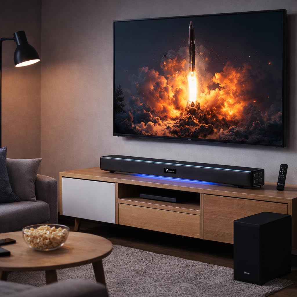 TECHMADE Barre de Son TV Bluetooth | Puissance maximale 120 W, Basses Profondes, Audio stéréo | Bluetooth, AUX, HDMI Arc, Optique (2.1)