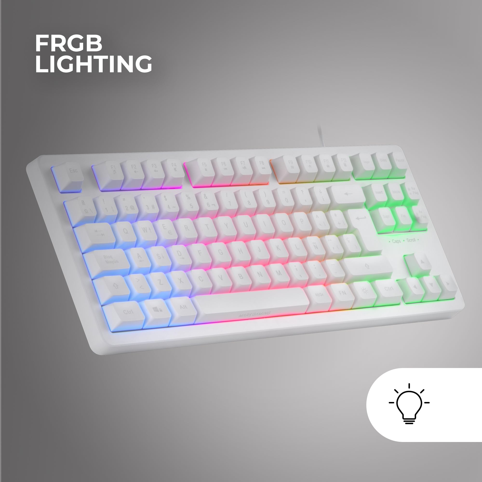Mars Gaming MK023, Idioma Español, Teclado Gaming TKL, Tecnología Híbrida H-Mech, Iluminación FRGB Rainbow, Anti-ghosting, Compatibilidad Universal, Blanco