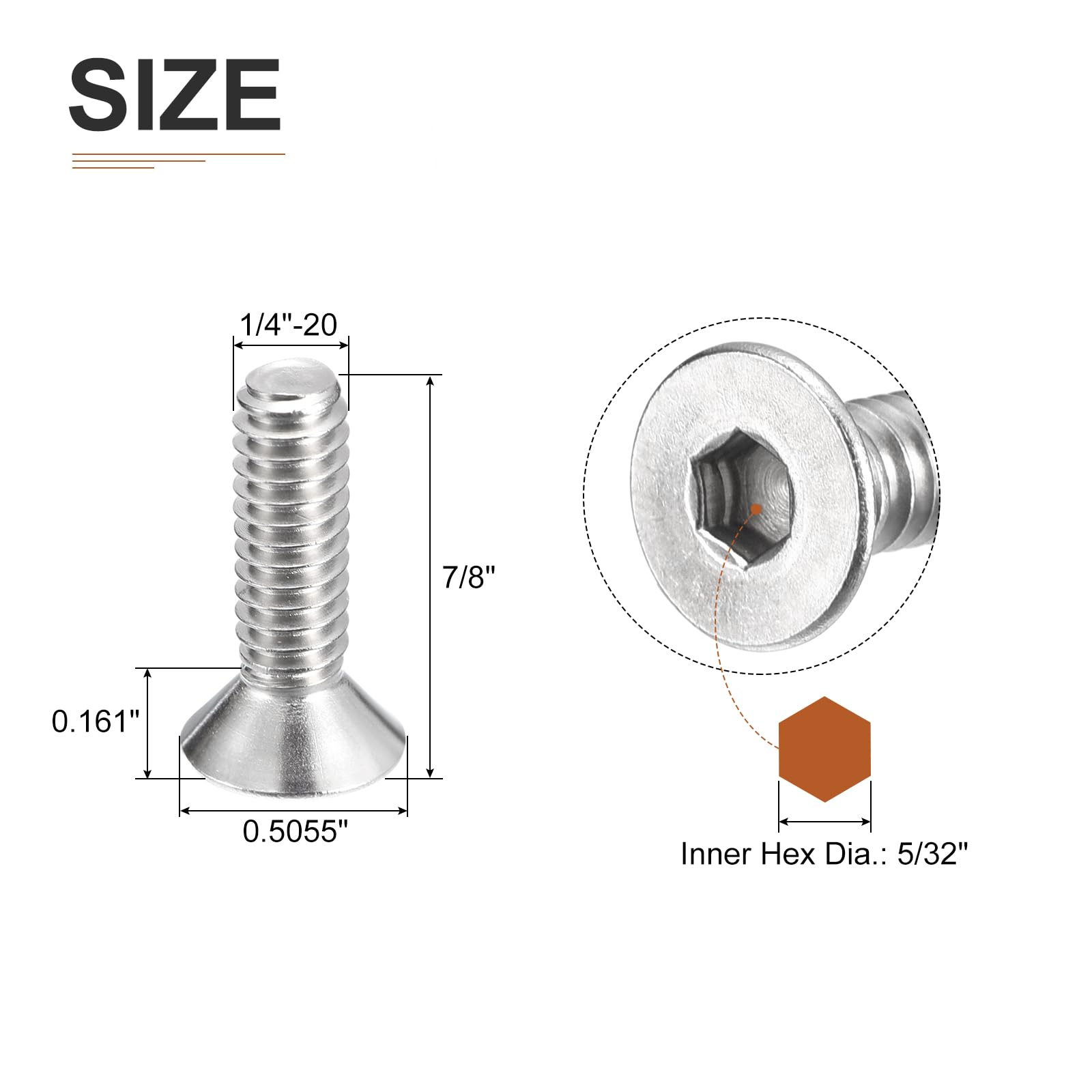 DTGN 1/4-20 x 7/8" Flat Head Socket Cap Screws, 30 Pack 304 Stainless Steel Hex Socket Flat Head Screws, Full Thread, Countersunk Bolts - Image 2