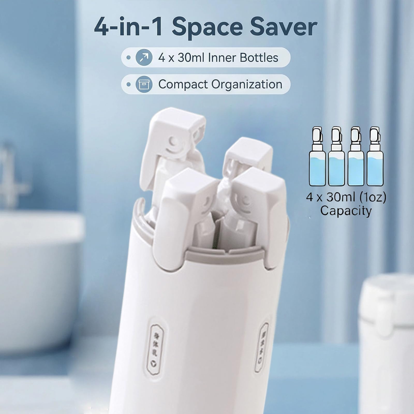 Dispenser da viaggio 4 in 1, ricaricabile, con scala ed etichetta, contenitore portatile a prova di perdite, per shampoo, lozioni, balsamo, crema liquida (verde)