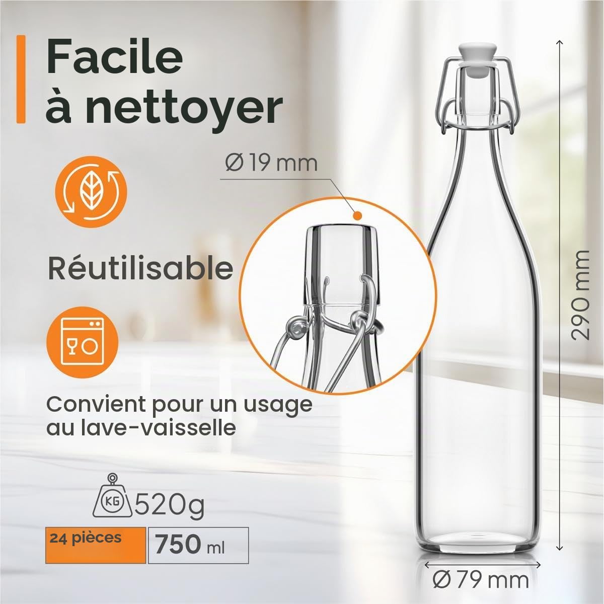 24x Bouteille en Verre avec Bouchon Mécanique 750ml - Bouteilles vides à remplir huile d'olive, bière, jus, liqueur