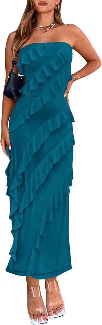 BTFBM Women Summer Elegant Strapless Midi Ruched Bodycon Dress Solid Color Stretch Mesh Slim Party Cocktail Dresses