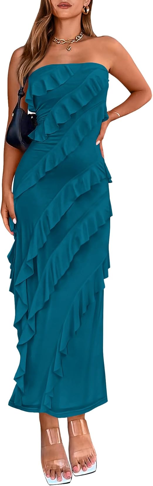 BTFBM Women Summer Elegant Strapless Midi Ruched Bodycon Dress Solid Color Stretch Mesh Slim Party Cocktail Dresses