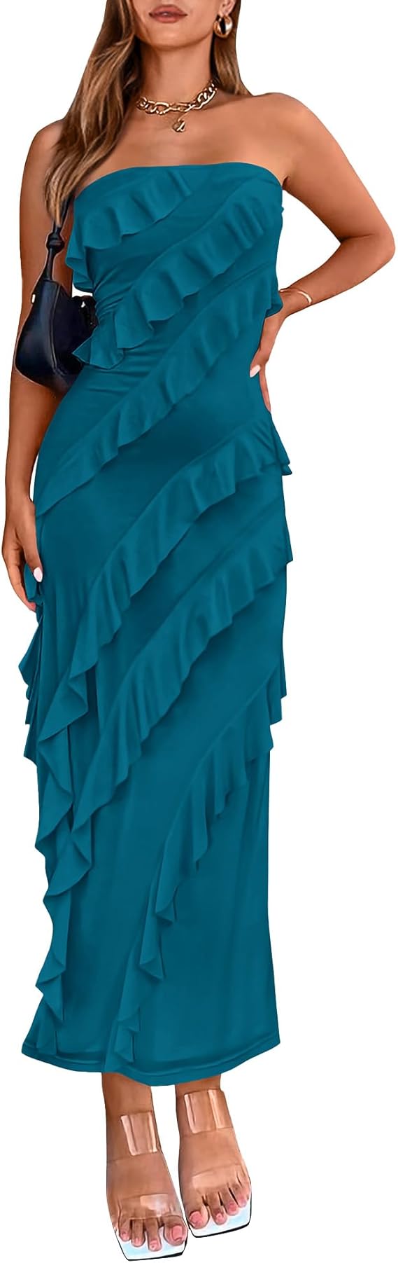 BTFBM Women Summer Elegant Strapless Midi Ruched Bodycon Dress Solid Color Stretch Mesh Slim Party Cocktail Dresses